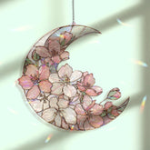 Crescent Moon Cherry Blossom Acrylic Suncatcher, Stained Glass Style Pink Floral Window Hanging, Spring Flower Home Decor Gift